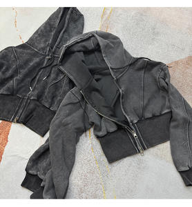 Sweat-shirt à capuche unisexe coupe ample en gros, logo personnalisé, lavage à l'acide, fermeture éclair, impression, sweat-shirt à capuche, veste, blanc, strass - Product Image 5