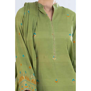 ชุดสูทผ้าแจ็คการ์ดสีเขียวสำหรับผู้หญิง ผ้าฝ้าย 100% ปักมือ 3 ชิ้น แบบยังไม่เย็บติดกัน - Product Image 1