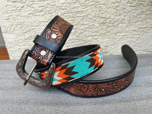 American <b>Leather</b> Cowboy Designer Beaded <b>Belt</b> Men's Gift Western Fashion Bling Luxury <b>Belt</b> Premium Cow Hide Floral Hand <b>Tooled</b> - Product Image 2