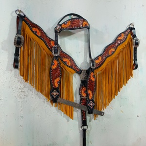 Hecho a mano 100% cuero de vaca occidental Headstall pecho collar conjunto 3D Floral acento pintado fabricante al por mayor suministro - Product Image 5