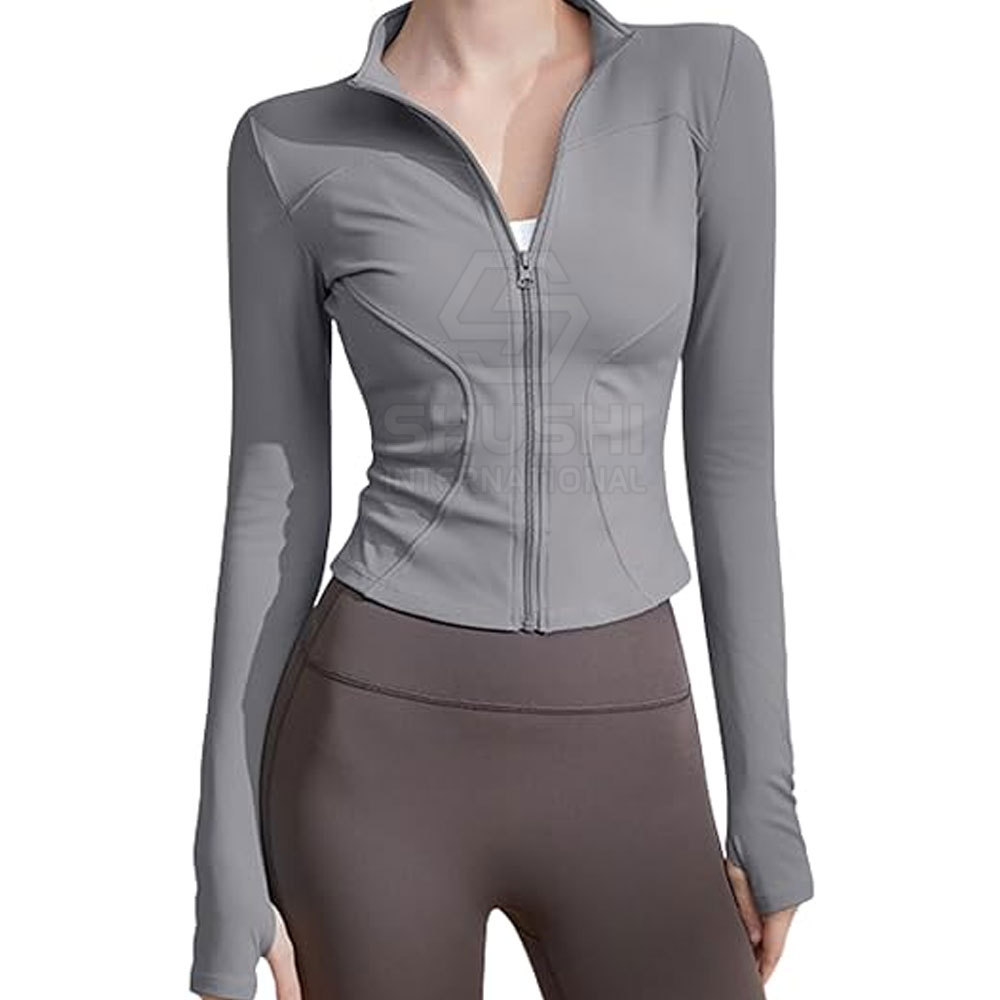 Women's Seamless Breathable Yoga Jacket Long Sleeve Lightweight Zip-Up Stand Collar Workout Top High Stretch Quick Dry