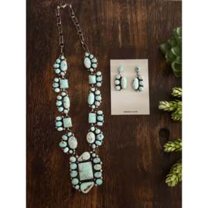 Louise Jim Natural Dry Creek Turquoise Sterling Silver Geometric Cluster <b>Set</b> <b>Beaded</b> Chains Diamond Pearl Religious Wedding Gift - Product Image 2