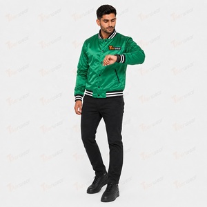 Chaqueta Varsity de Satén Verde para Hombre, con Puños Acanalados en Blanco y Negro, Botones a Presión, Resistente al Viento, Deportiva, para Otoño - Product Image 2