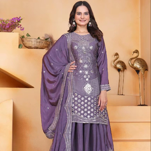 Traje bordado de diseñador Chinon Sharara con trabajo bordado de secuencia - Product Image 1