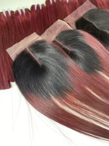 2024 Timehair Bourgogne BoneStraight Dentelle Fermeture Transparent 100% Densité Lisse Soyeux Remy Extensions de Cheveux Humains Trame Plate 8-40 - Product Image 5