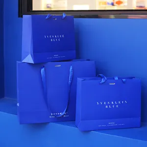 Benutzer definierte private Logo Bekleidung und Schuhe Verpackung beschichtet Royal Blue Paper Shopping Geschenk beutel Druck