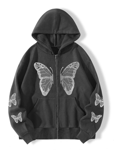 Sudadera con Capucha Azul para Mujer, con Cierre y Estampado de Mariposas con Lentejuelas, Estilo Casual para Otoño, 100% Algodón Tejido, Corte Regular - Product Image 2