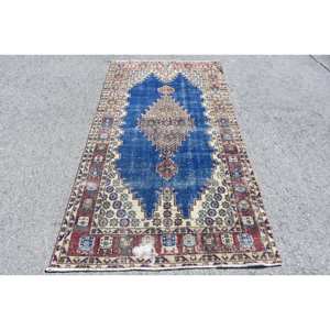 Tapis en laine gris bleu turc 3.8x7.4 pieds fait à la main Jacquard rectangulaire Patchwork Design pour salon pour adolescents - Product Image 1