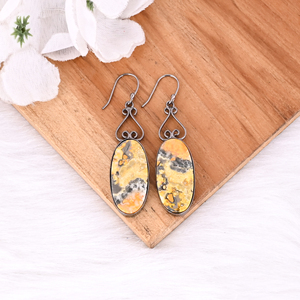 Hermosos y Modernos Pendientes de Latón con Bisel de Rutenio Negro y Jaspe Abeja Natural de Forma Ovalada, Venta al por Mayor para Mujeres y Niñas - Product Image 2