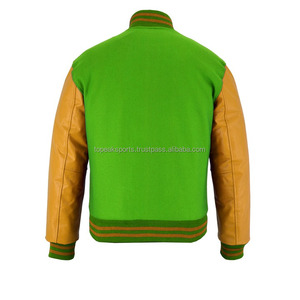 Chaqueta Varsity 2026 OEM Premium de Lana Verde con Mangas de Cuero Dorado para Hombre, 100% Alta Calidad, MOQ Bajo, Chaquetas de Moda con Calefacción - Product Image 2