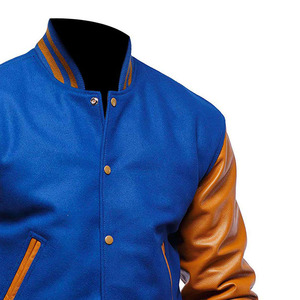 Veste universitaire bleue pour homme avec manches en cuir marron, coupe classique, style décontracté universitaire, col rabattu, design à simple boutonnage - Product Image 4