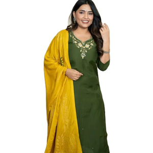 Elegante Rich Mahendi Color Premium tela de seda romana corte recto borde celebración desgaste Salwar traje de Shree Indian Exports - Product Image 1