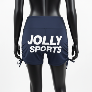 Shorts de sport pour femmes en nylon et élasthanne extensible, bleu marine, avec logo personnalisé par transfert thermique sur les côtés ajustables. - Product Image 2