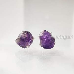 Pendientes de Piedra Natural para Mujer, Amatista en Bruto, Piedra de Nacimiento de Febrero, Plata de Ley 925, Regalo de Navidad - Product Image 1