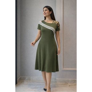 Vestido Midi de Viscosa con Rayas y Hombros Descubiertos de Manga Corta para Mujer, Estilo Casual en Línea A, de Jane's - Product Image 1