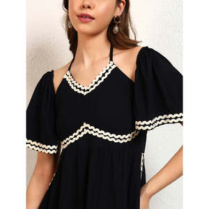 Deebaco Women's Black Solid <b>Maxi</b> Dress With <b>White</b> Contrast Binding V-Neck Cap Sleeve Loose Fit Casual Summer Style Dress - Product Image 2
