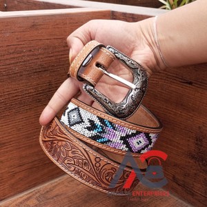 Ceinture de perles en cuir gravé à fleurs occidentales personnalisées 100% véritable cuir de vachette pleine fleur avec ceinture à pression en cuir véritable - Product Image 1