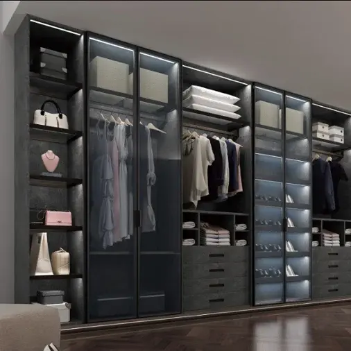 Luxury Walk in Closet Wardrobe Design Solid Wood Panel Bedroom Modern Wardrobe