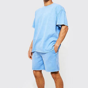 Conjunto de 2 piezas de chándal de manga corta de verano para hombre, camiseta y pantalones cortos deportivos de Color sólido con cuello redondo, Tops, trajes informales estampados - Product Image 2