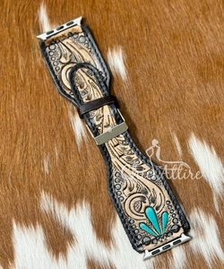 สายนาฬิกาหนังแท้ลายดอกไม้ตะวันตกทำด้วยมือสายหนังแท้สีเทอร์ควอยซ์สวยงามดีไซน์ตามสั่ง - Product Image 1