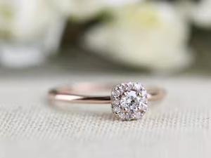 14K oro sólido VS1 Lab Grown Halo solitario diamante blanco anillo de compromiso anillo de bodas con detalles en oro rosa - Product Image 3