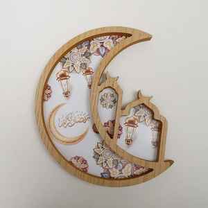 Plateau en bois imprimé en émail royal opulent pièce de service arabe exquise pour la table du Ramadan célébrations de l'Aïd décoration de cadeau de fête - Product Image 6