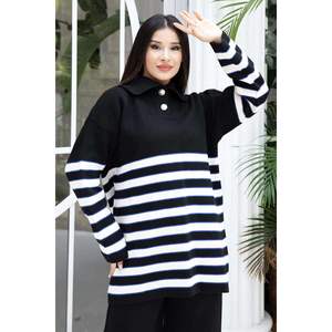 เสื้อถักลายทางคอคนขับรถบรรทุกชุด2ชิ้นสีดำ - Product Image 3