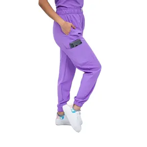 Women Antifluid Lilac Scrub Set With Round Neck Top And Stretch Jogger Pants Cargo Pockets Custom