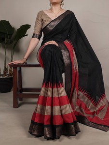 Colección de Saris de Algodón y Poliéster con Estampado Tradicional Indio, con Trabajo de Tejido Zari, para Bodas y Festivales - Product Image 5