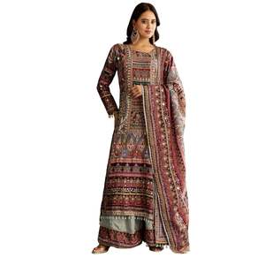Costume en soie tigré multicolore imprimé Kurta Dupatta avec écusson Stone Zari Work Wholesale Women Ethnic Apparel OEM Clothing Factory - Product Image 2