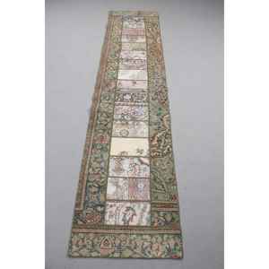 Alfombra Vintage de 2x9 pies, Alfombra Turca de Lana con Camuflaje Verde - Product Image 1