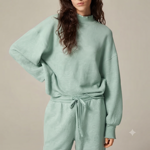 Sweat-shirt oversize à col montant pour femme, vert menthe uni, épaules tombantes, manches longues, en coton tricoté, pull pour l'automne - Product Image 1
