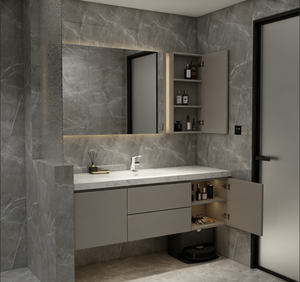Mueble de <span class=keywords><strong>Baño</strong></span> Personalizado de Color Gris Claro, Montado en la Pared, <span class=keywords><strong>con</strong></span> Lavabo Individual, Encimera de Mármol, Espejo LED, Estantes Abiertos <span class=keywords><strong>y</strong></span> Cajones de Almacenamiento - Product Image 3