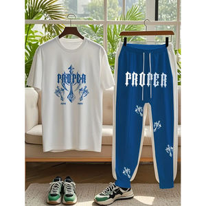 High Street Plus Size Men Print Top de manga corta con cuello redondo y pantalones Casual Set, Summer Travel Set - Product Image 2