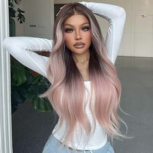 Galinda-DWY for Ombre Pink <b>Brown</b> Tresses Wavy Synthetic <b>Wig</b> Transparent Front 136 Free Part Front Free Part Ombre Pink <b>Brown</b> - Product Image 3