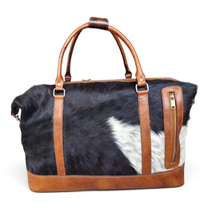 Bolsa de Viaje de Cuero Genuino con Logotipo Personalizado, Bolsa de Fin de Semana de Cuero Vacuno con Pelo, Negra y Blanca, de Lujo, Hecha a Mano, de Gran Capacidad - Product Image 1