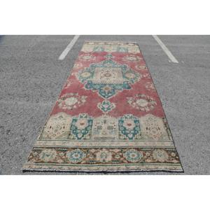 Turkish Vintage Rug, 5x12.5 ft Rug, <b>Red</b> Blue Plants & trees <b>Wool</b> Rug - Product Image 2
