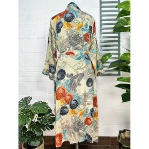 Boho Vintage Silk Sari Dressing Gown Recycled <b>Robe</b> Kimono <b>Beach</b> Cover-Up Beige Black Bridesmaid Anniversary Gift for Swimsuit - Product Image 6