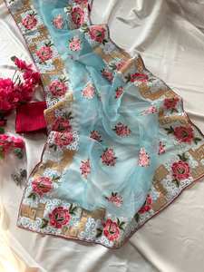 Sari de seda de organza suave y moderno con blusa chikan, bordado a mano con mukesh dorado, precio al por mayor - Product Image 5