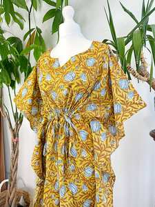 ชุดกิโมโนผ้าฝ้ายแท้พิมพ์ลายดอกไม้สไตล์อินเดียสำหรับฤดูร้อนชุดคลุมชายหาดชุดคลุมคลุมสำหรับคุณแม่สีเหลืองดิน - Product Image 4