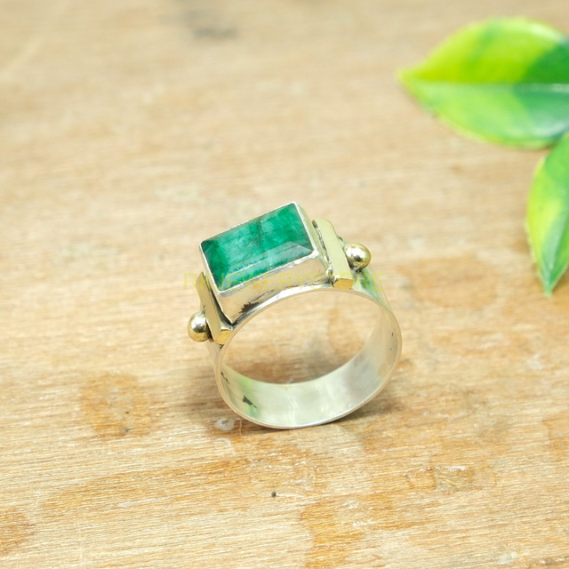 Green Emerald Ring 925 Sterling Silver | Brass Ring with Green Stone | Statement Gemstone Jewelry | Christmas Gift for Her |