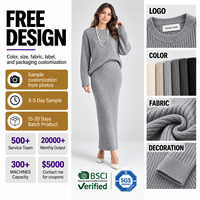 Ensemble décontracté deux pièces FNJIA pour femme : robe pull tricotée mi-longue à col rond et jupe crayon