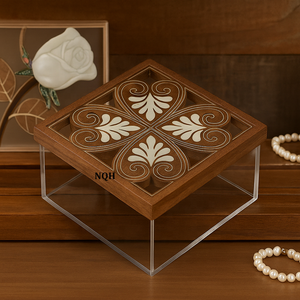 Boîte de rangement carrée en bois d'acacia et acrylique, plateau en bois fait main, organisateur de luxe pour bijoux, fruits secs, décoration intérieure - Product Image 5