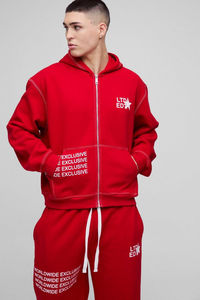 Ensemble survêtement avec sweat-shirt ample à épaules tombantes rouge et surdimensionné avec surpiqûres contrastées et impression de logo personnalisée, pantalon de survêtement à jambes larges - Product Image 2