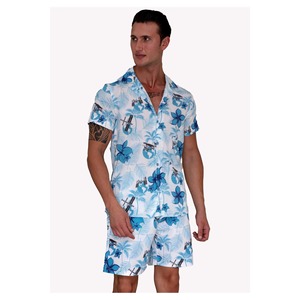 Relaxed Fit Summer Shirt and Shorts Set for Men White and Blue Leaf Patterned Short Sleeve & Loose Collar - Product Image 3