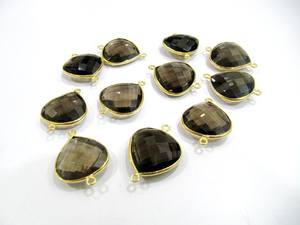 6 개 세트 천연 스모키 쿼츠 하트 모양 20mm 브리올렛 커넥터 석영 도금 더블 루프 베젤 - Product Image 2