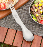 Cuchara, Tenedor y Cuchillo Multifuncional 3 en 1 de Titanio Puro Grado 1 KEITH Ti5231 para Camping y Actividades al Aire Libre