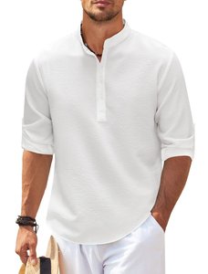 T-shirt à manches longues col en V Designer logo personnalisé blanc coton lin plage col montant Henry T-shirt pour hommes livraison DDP - Product Image 4