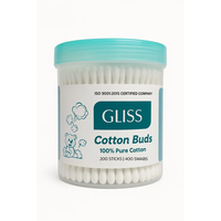 GLISS Premium 100% Kapas Murni Tongkat Kapas Sekali Pakai 200 Batang Wadah Plastik Halus Putih untuk Penggunaan Laboratorium