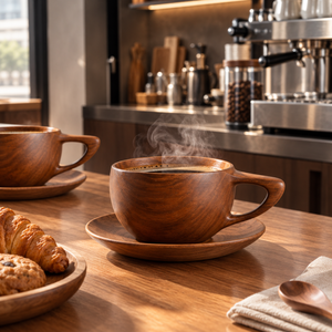 ชุดถ้วยกาแฟและจานรองไม้ ทำด้วยมือ ใช้ซ้ำได้ สำหรับร้านกาแฟ ร้านอาหาร โรงแรม บ้าน อุปกรณ์เสริมสำหรับเสิร์ฟกาแฟ - Product Image 5